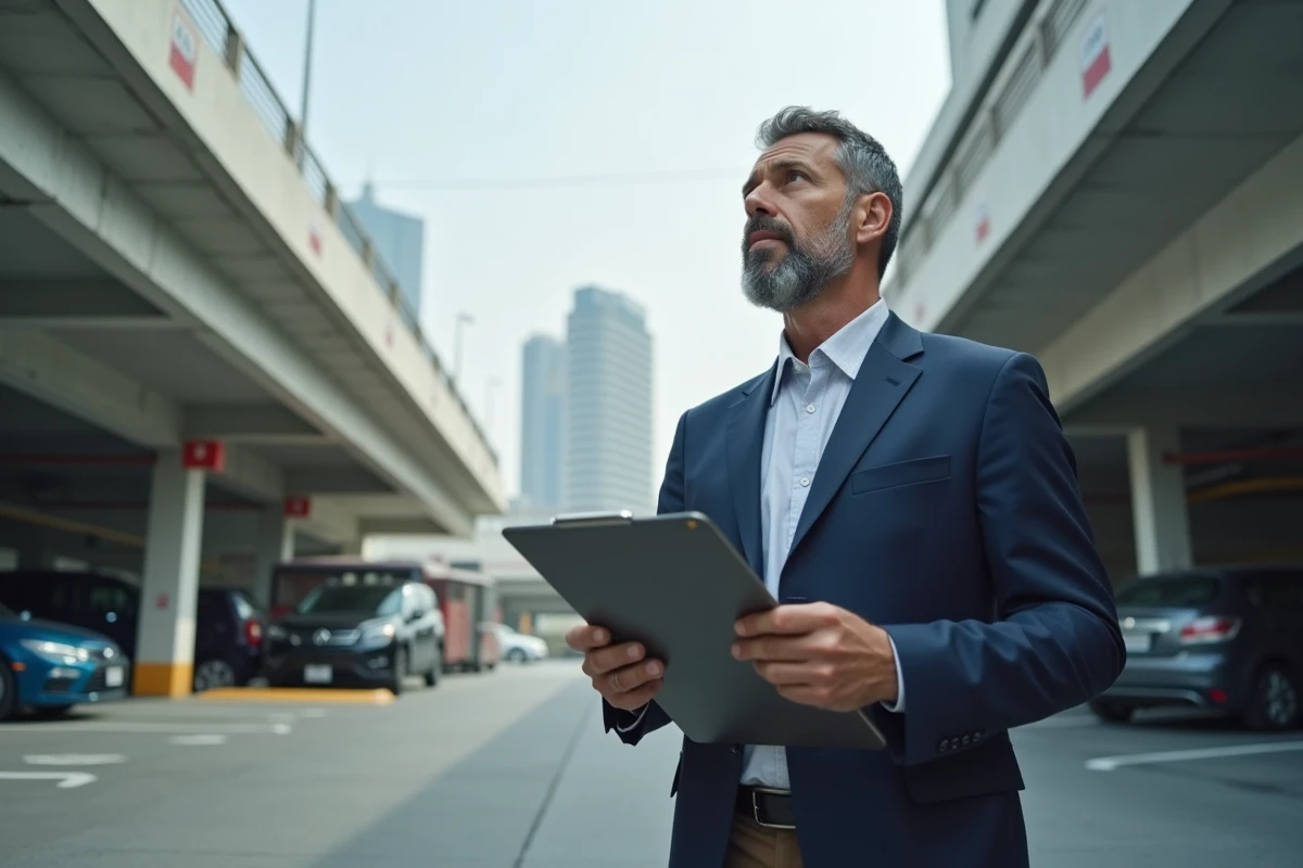 Homme d affaires dans un parking moderne en ville