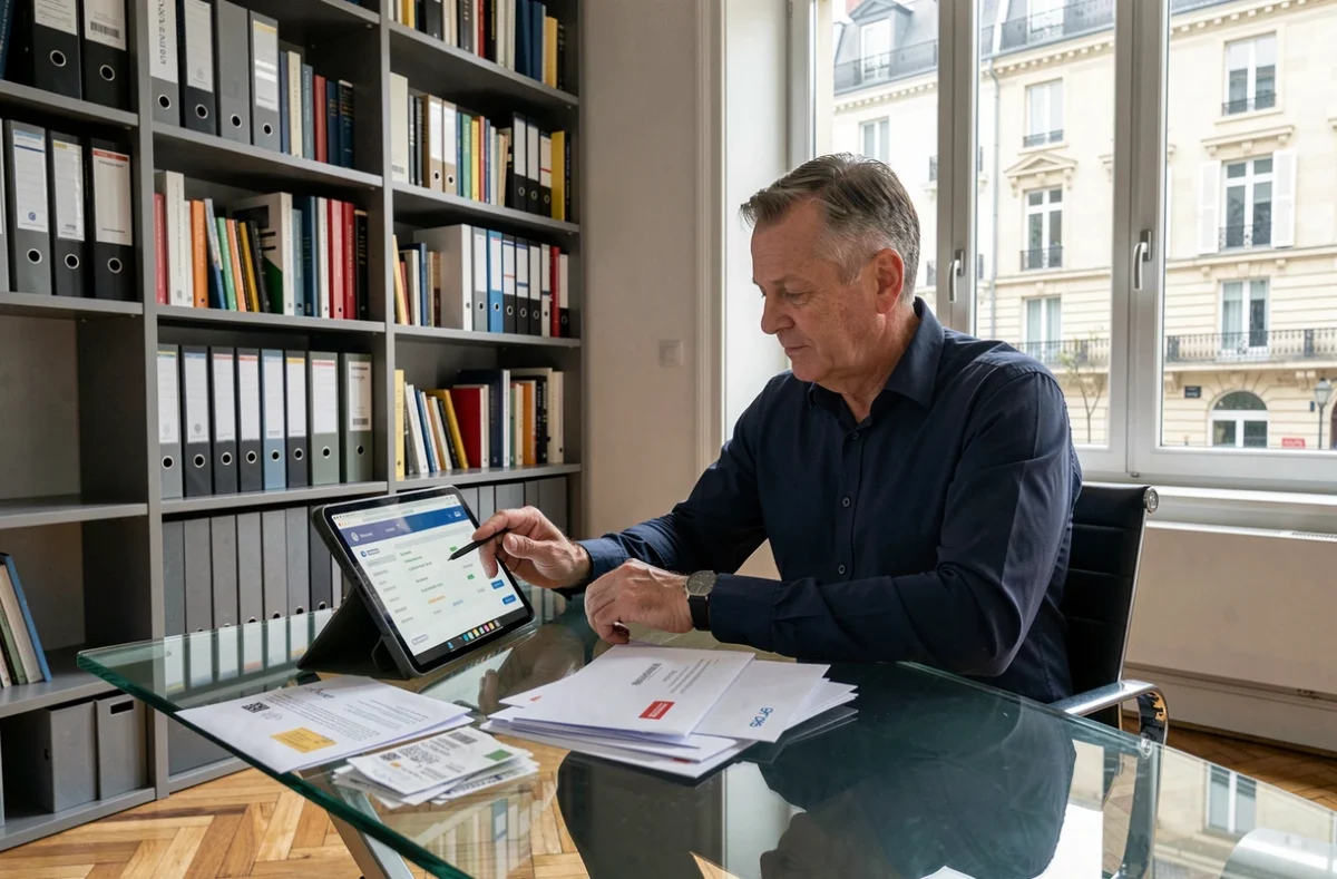 Homme utilisant une tablette pour accéder à son espace My Foncia et retrouver ses justificatifs pour la déclaration de revenus fonciers 2026