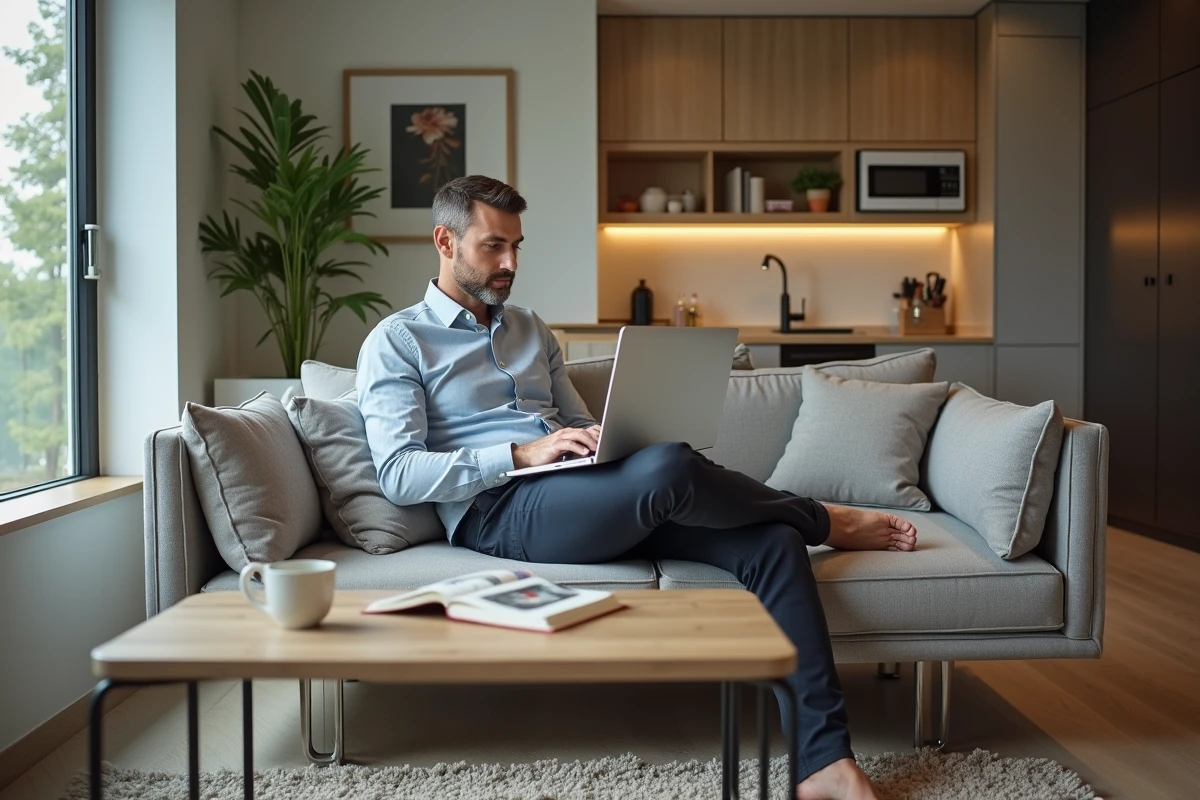 Homme travaillant sur un ordinateur dans un salon moderne et lumineux
