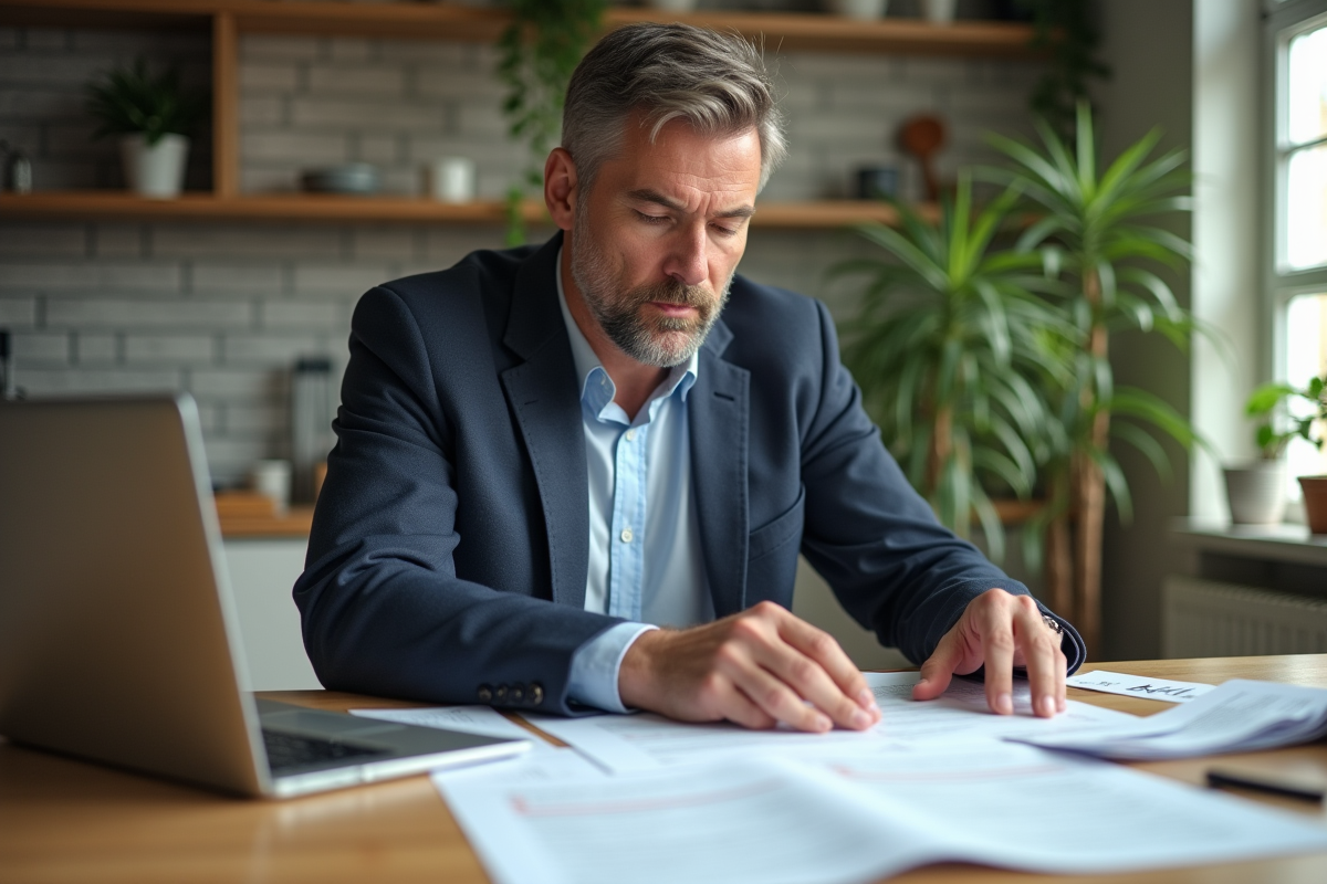 Homme d'âge moyen travaillant sur des papiers à la maison
