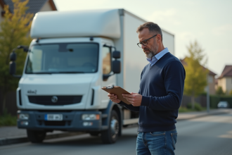 Homme vérifiant une checklist devant un camion de déménagement