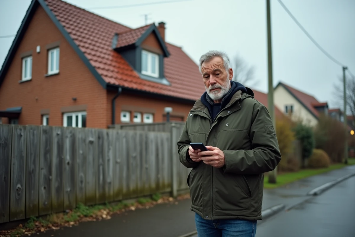 Homme devant une maison à vendre ou à donner vérifiant une annonce immobilière sur son smartphone dans un quartier résidentiel