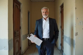 Huissier de justice tenant un clipboard lors d'un constat avant travaux dans l'entrée d'une maison individuelle