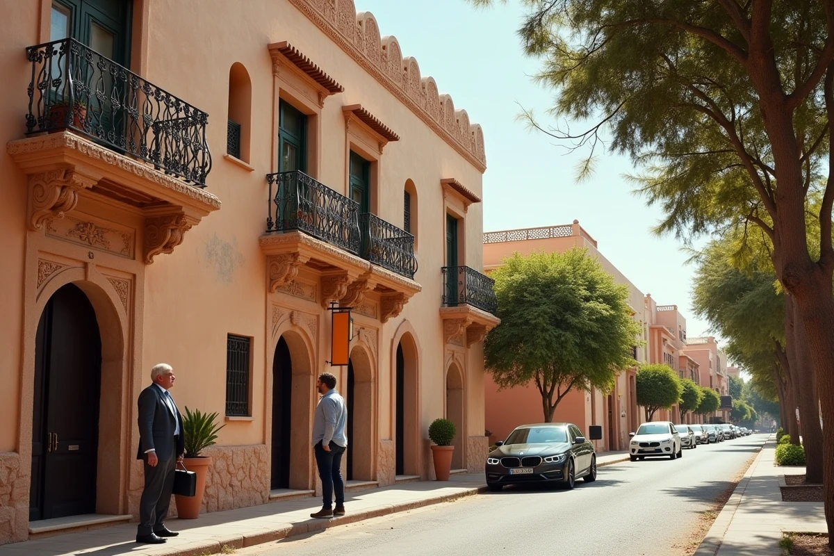 Façade d'immeuble résidentiel à Hivernage Marrakech avec agent immobilier et acheteurs potentiels