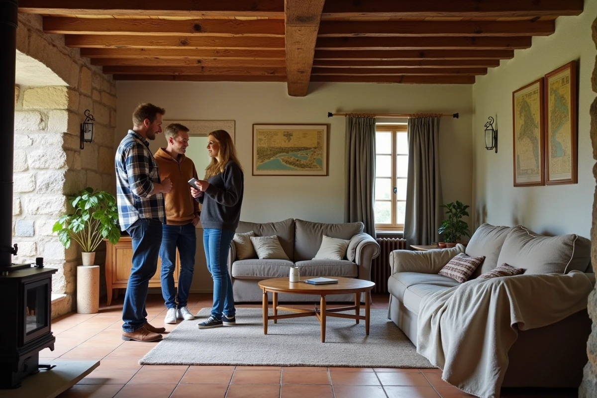 Intérieur rénové d'une maison éclusière bretonne transformée en gîte touristique avec visiteurs et propriétaire