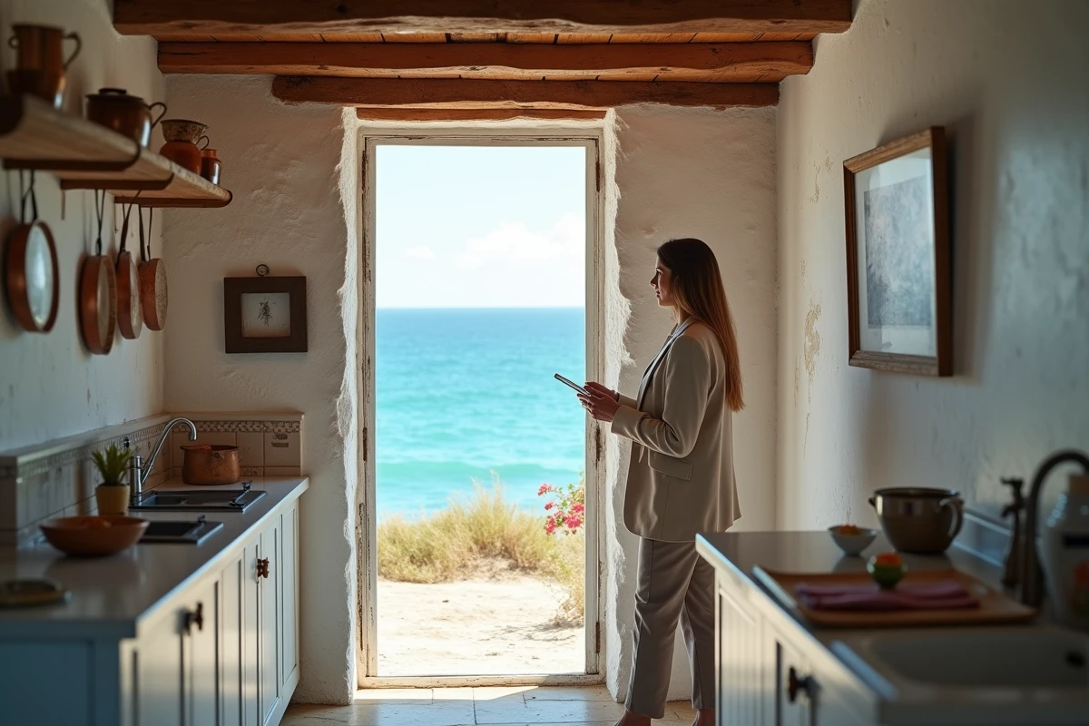 Intérieur rustique d'une maison de pêcheur à vendre avec vue mer par une fenêtre et agente immobilière