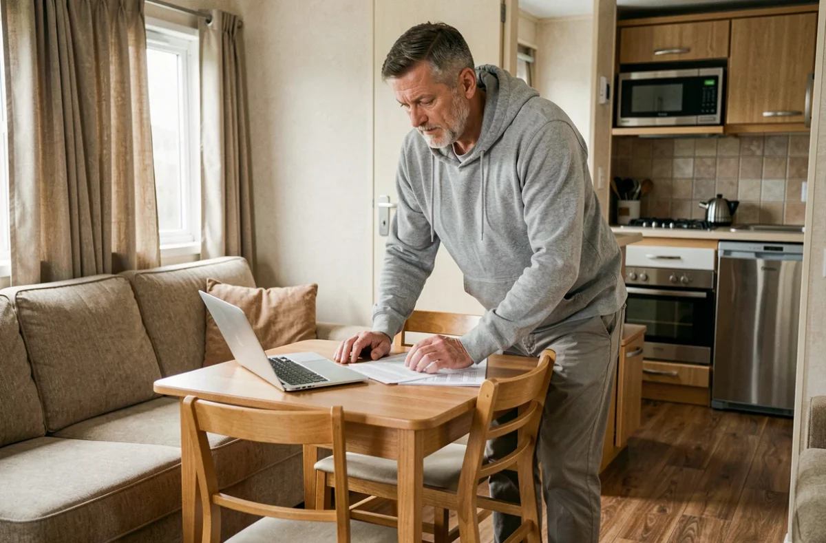 Intérieur d'un mobil-home loué à l'année tout compris avec un homme consultant les tarifs sur un ordinateur portable