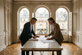 Couple consultant des documents immobiliers dans un appartement haussmannien du 16e arrondissement de Paris