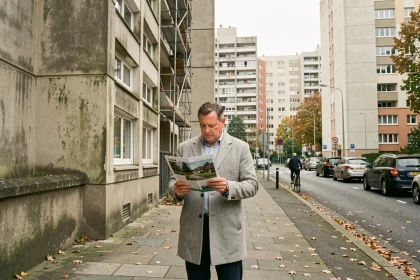 Investisseur immobilier étudiant un prospectus devant la Cité Pablo Picasso à Nanterre