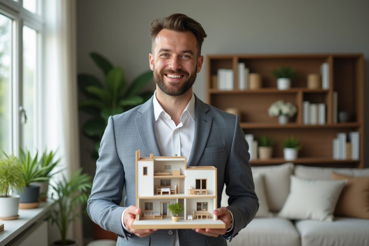 Investisseur immobilier souriant tenant un modèle d