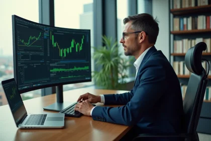 Investisseur immobilier analysant des simulations de rentabilité sur un simulateur en ligne depuis son bureau professionnel