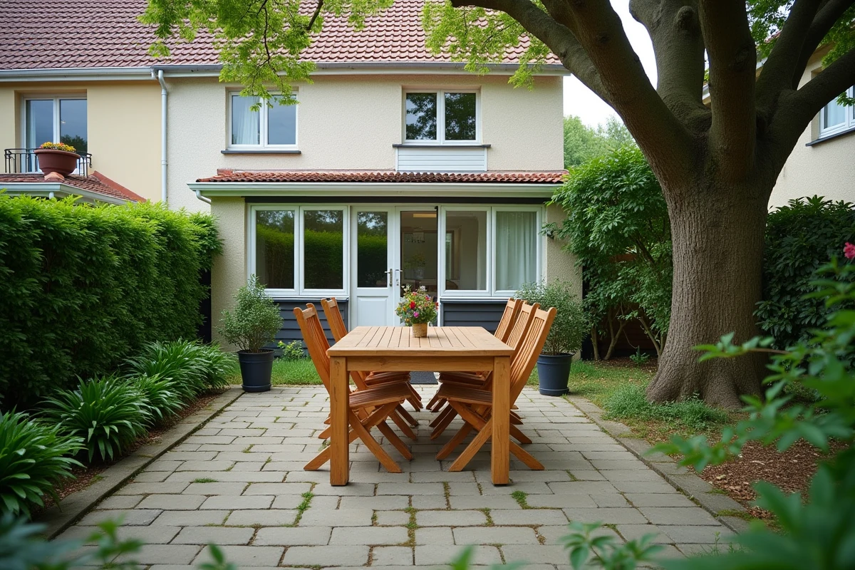 Jardin avec terrasse en pierre et table de jardin derrière une maison à louer dans un quartier résidentiel du Havre