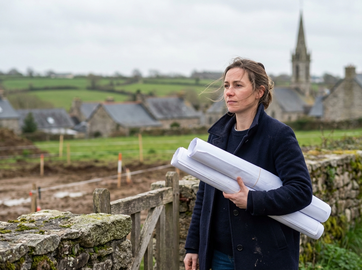 Jeune architecte examinant un chantier en Bretagne avec plans