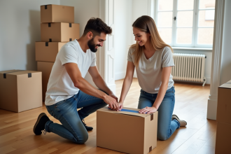 Jeune couple en déménagement dans un appartement ensoleille