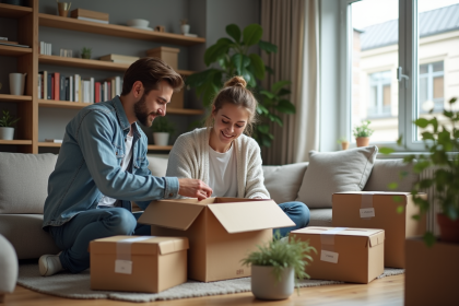 Jeune couple emballant des cartons dans un appartement moderne