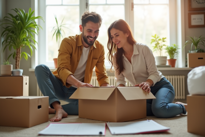 Jeune couple emballant des cartons dans un salon lumineux