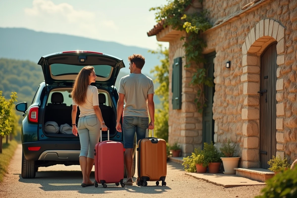 Jeune couple déchargeant des valises près d