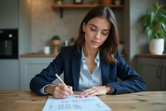 Jeune femme en costume remplissant un formulaire logement