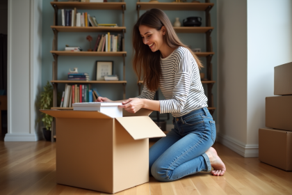 Jeune femme emballant des livres dans un appartement cosy