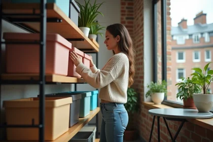 Jeune femme arrangeant des boîtes de rangement dans un appartement urbain