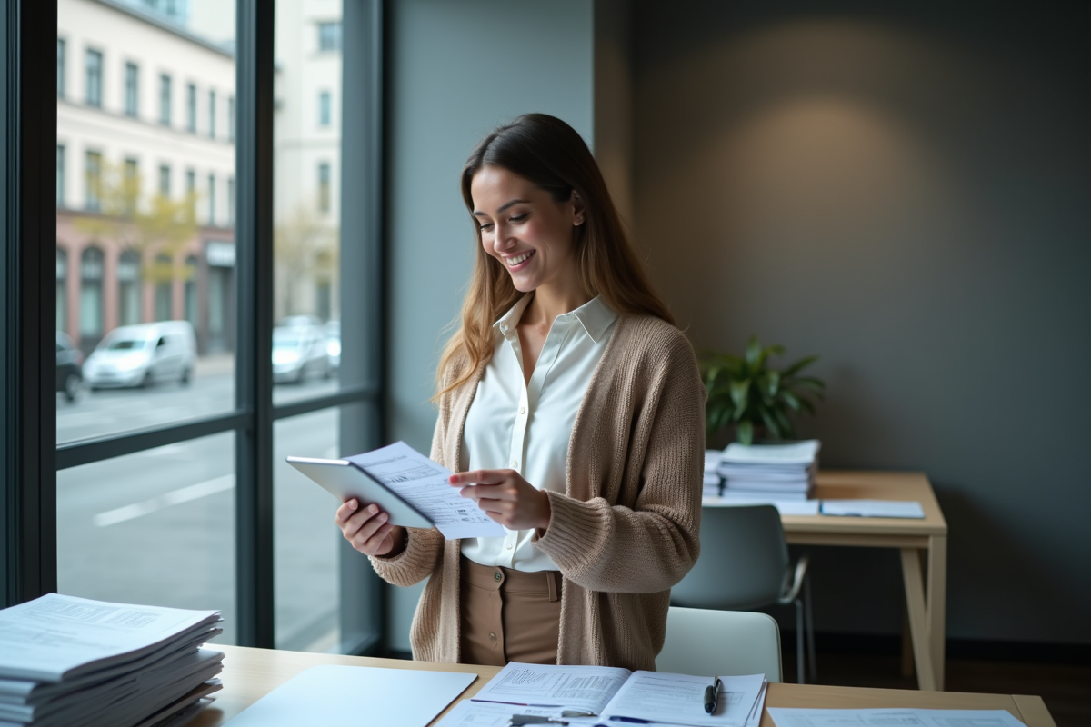 Jeune femme souriante saisissant des données sur une tablette