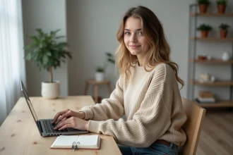 Jeune femme concentrée dans un studio lumineux et minimaliste