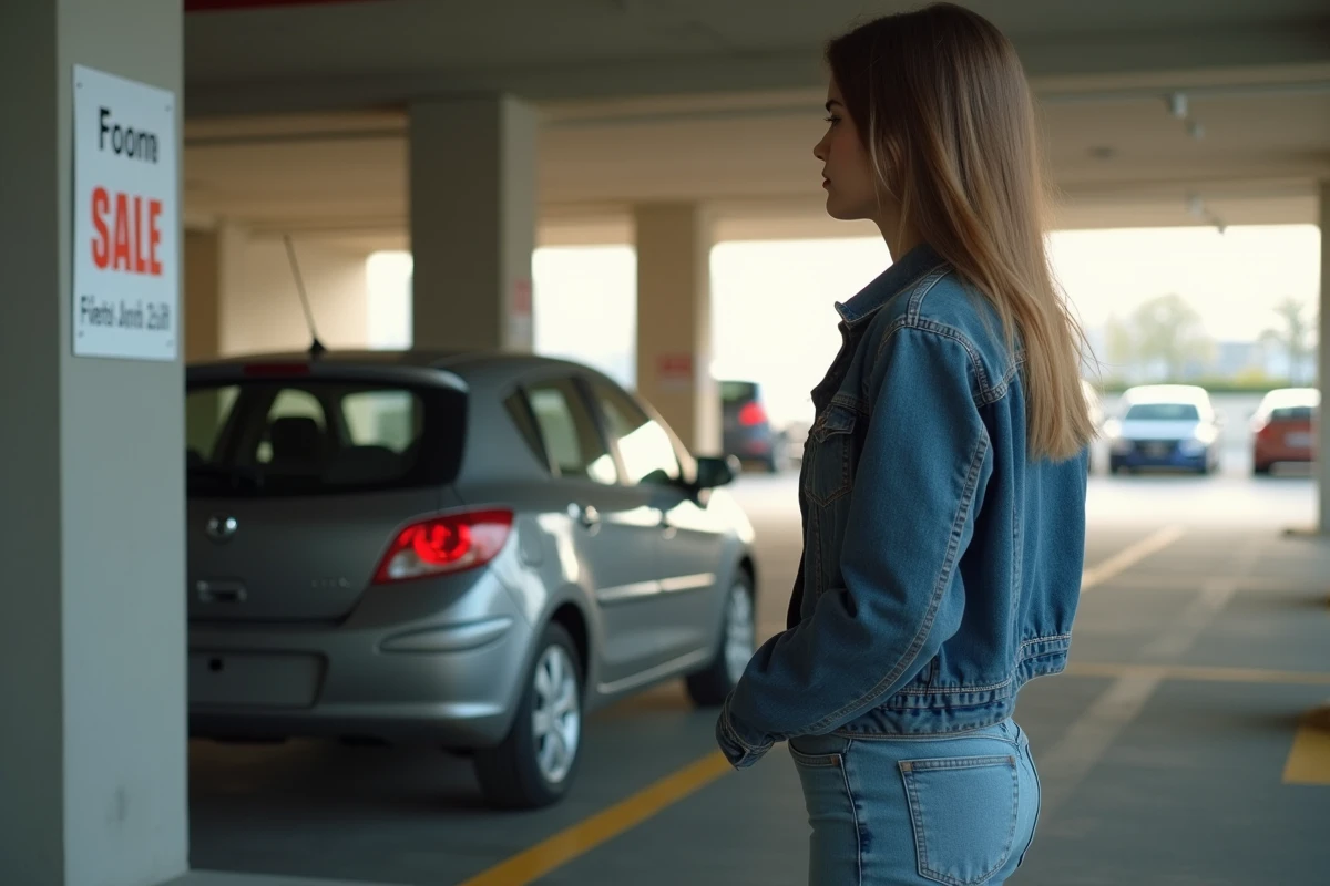 Jeune femme examine une annonce de voiture en parking