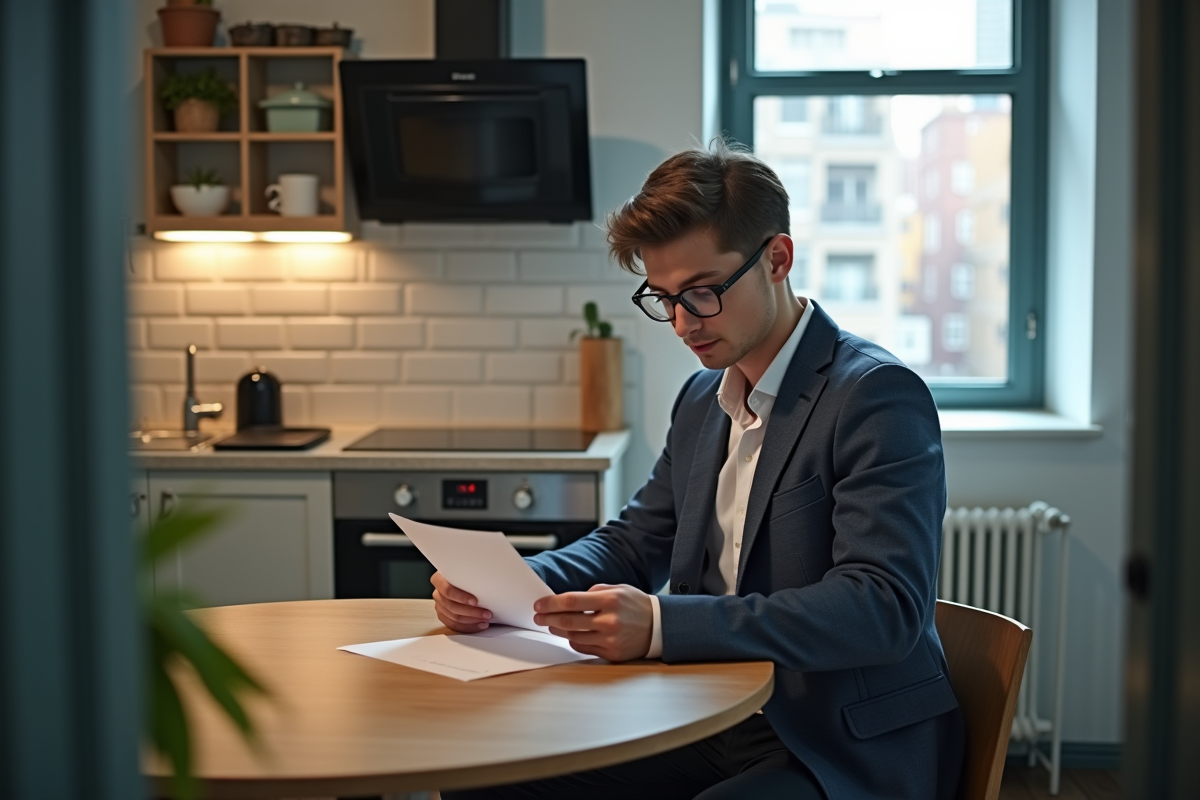 Jeune homme lisant une lettre dans la cuisine