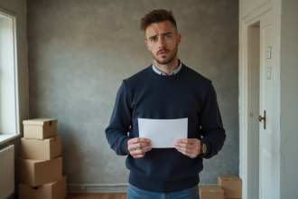 Jeune homme tenant un contrat de location dans un appartement en déménagement