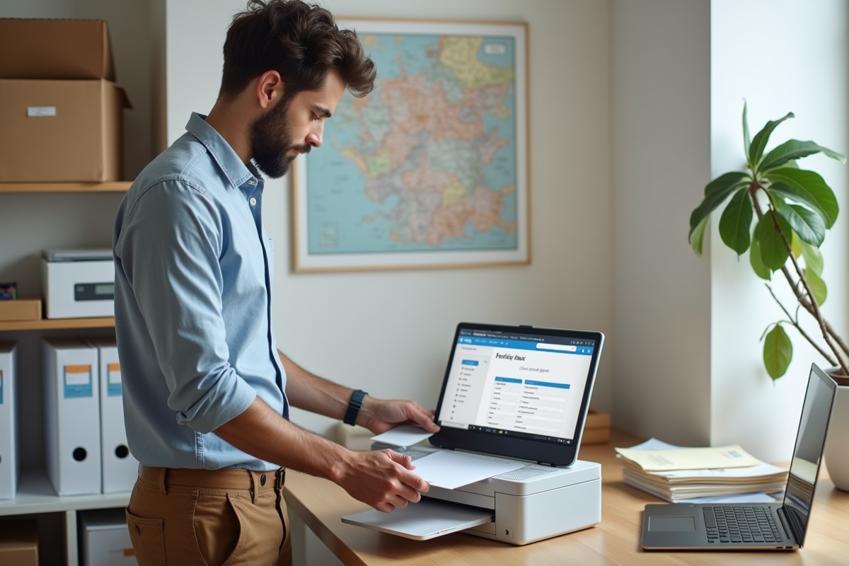 Jeune homme scannant des documents dans un bureau à domicile