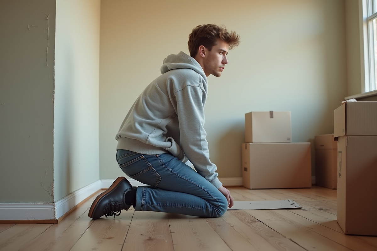 Jeune homme vérifiant des dégâts mineurs dans un salon en location