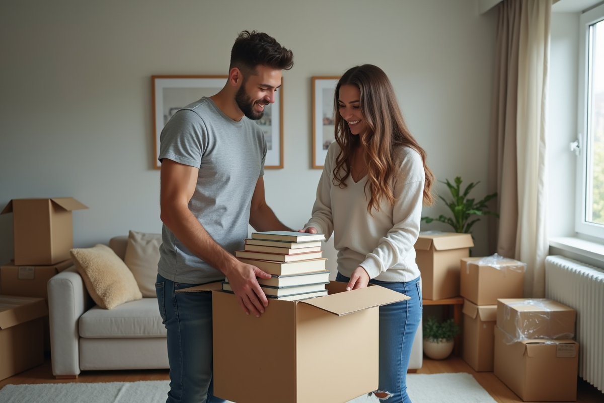Jeune couple emballant des livres dans un salon moderne