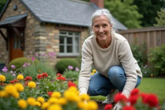 Femme d'âge moyen dans un jardin coloré