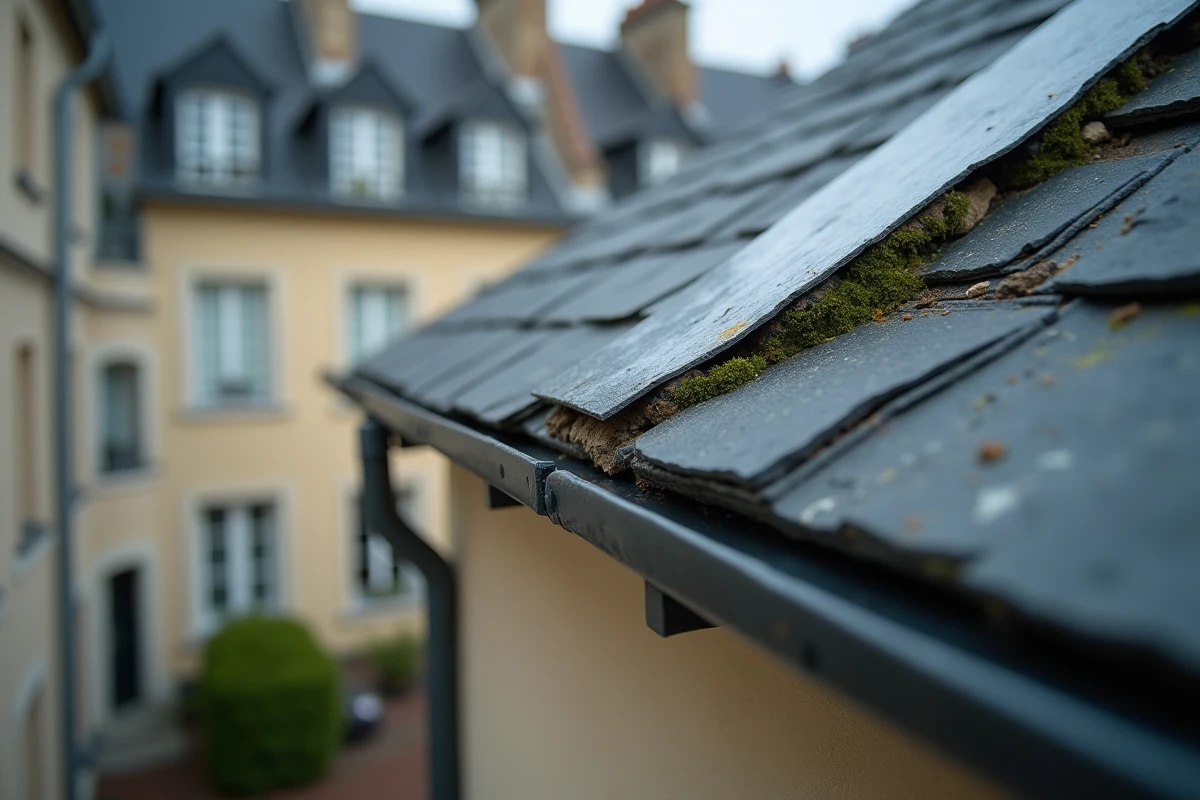 Jonction de toiture commune entre ardoise et zinc sur deux maisons mitoyennes françaises