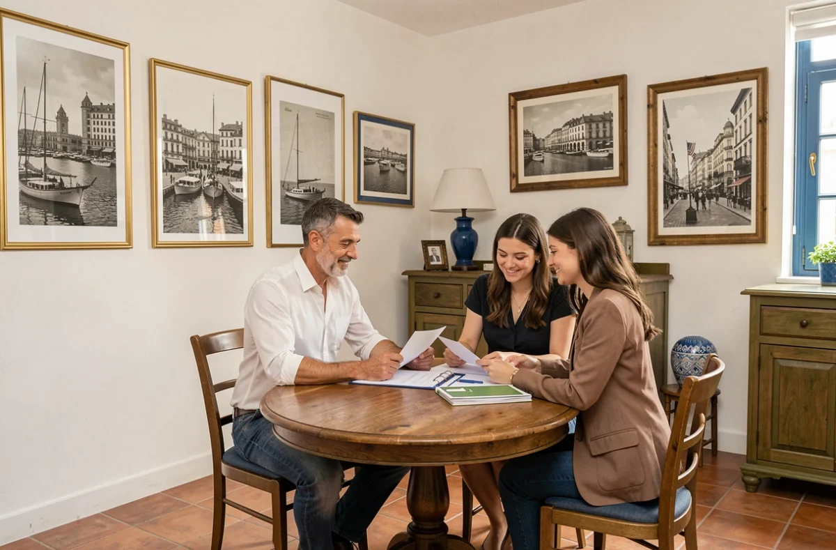 Agent de La Marseillaise d'Immobilier dans une agence décorée de photos historiques de Marseille