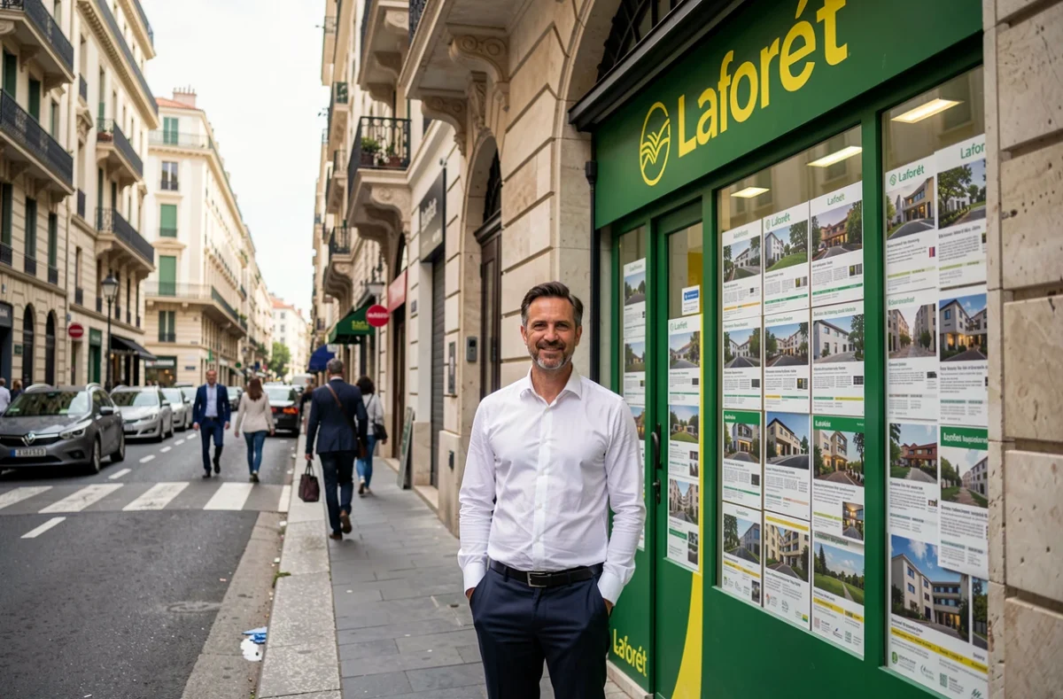 Agence Laforêt Marseille en vitrine sur un boulevard avec agent devant les annonces immobilières