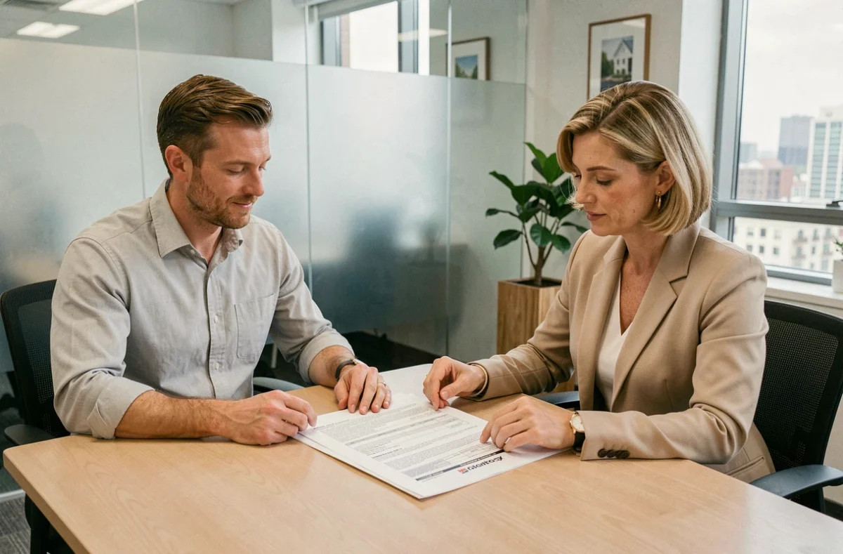 Locataire et agent immobilier discutant d'une révision de loyer avec un contrat de bail sur la table