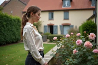 Femme visitant le jardin d'une maison à louer au Havre avec facade en brique normande et pelouse verdoyante