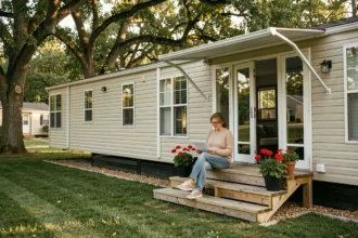 Femme devant un mobil-home à l'année dans un parc résidentiel arboré, consultant un contrat de location tout compris