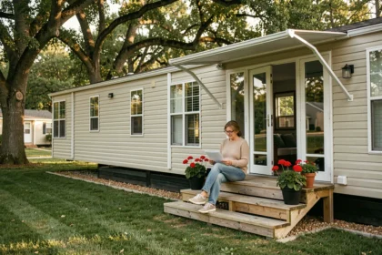 Femme devant un mobil-home à l'année dans un parc résidentiel arboré, consultant un contrat de location tout compris