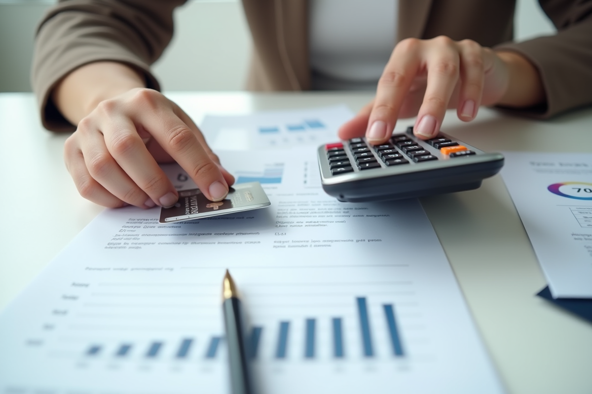 Mains tenant une carte de crédit et une calculatrice sur un bureau