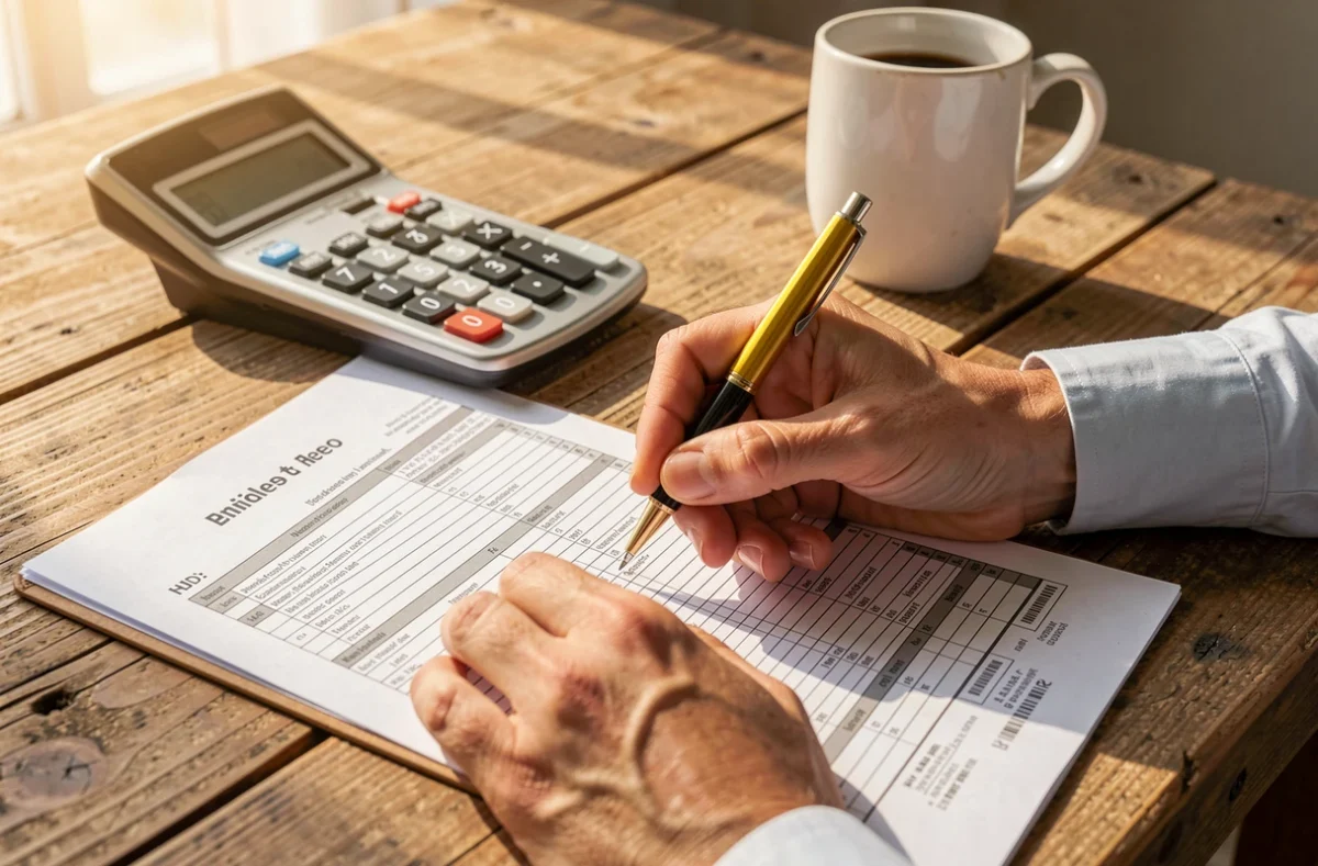 Mains remplissant un formulaire de réclamation fiscale à côté d'une calculatrice