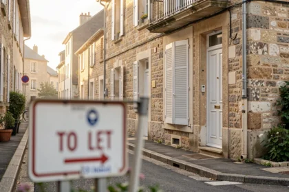 Maison de village vide avec volets fermés dans une rue calme