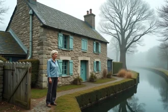 Maison éclusière en granite au bord d'un canal breton avec une femme inspectant la façade pour un projet touristique