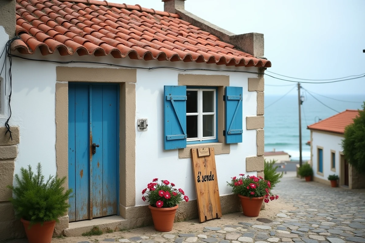 Petite maison de pêcheur à vendre dans un village côtier du Portugal avec volets bleus et toit en tuiles