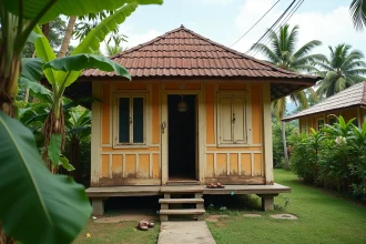 Petite maison traditionnelle thaïlandaise en bois sur pilotis entourée de végétation tropicale, exemple d'investissement immobilier abordable en Thaïlande