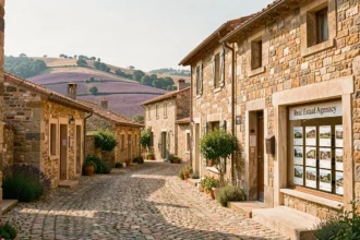 Vue panoramique d'un village provençal de la Drôme avec des agences immobilières locales et des maisons en pierre traditionnelles