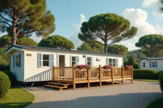 Mobil home en résidence de loisirs entouré de pins avec terrasse en bois et volets colorés