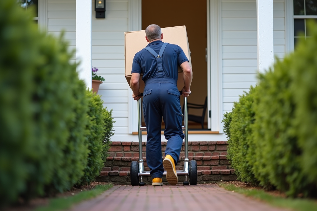 Monteur professionnel déplaçant des cartons avec un chariot devant une maison