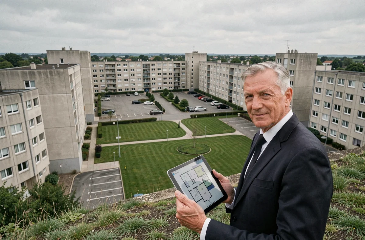 Gestionnaire Nexity Lamy devant un grand ensemble immobilier résidentiel en Centre-Val de Loire